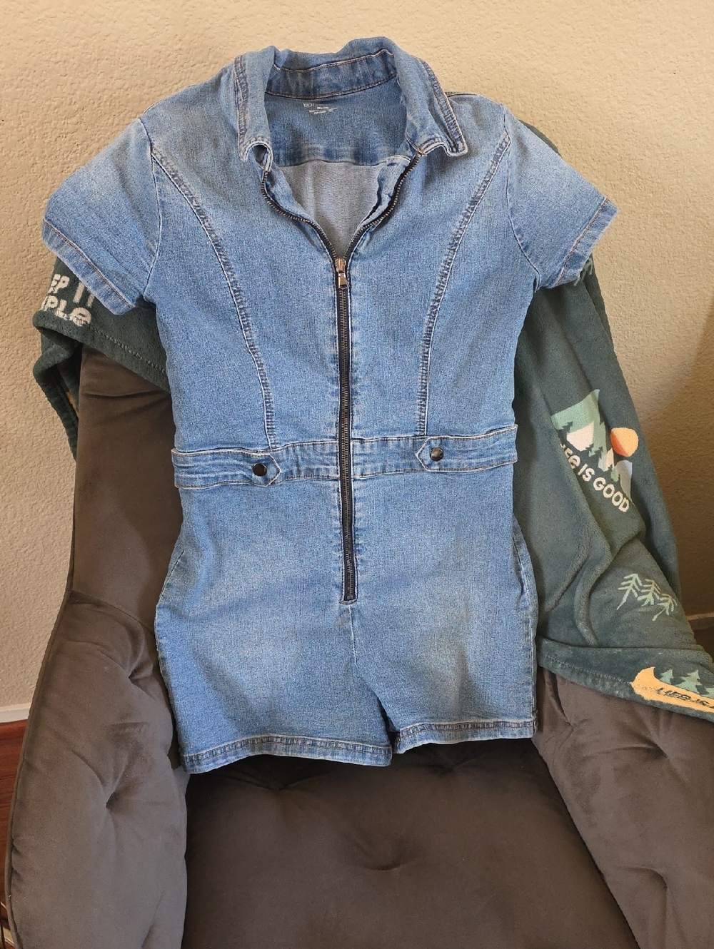 No Boundaries Medium Blue Denim Romper with Contrast Stitching